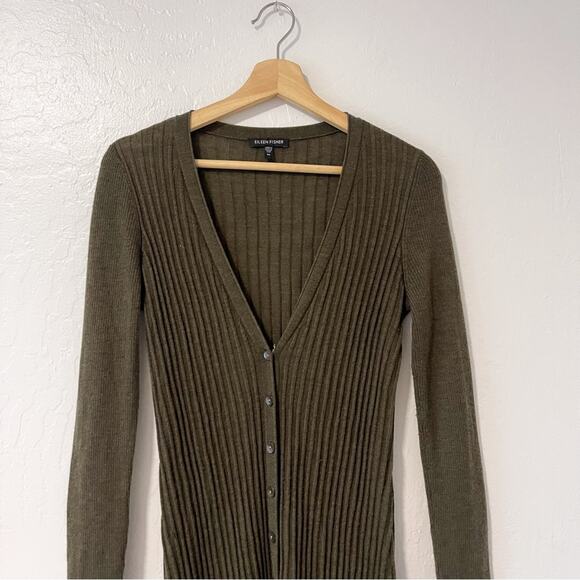 Eileen Fisher | Merino Wool Rubbed Button Up Long Cardigan - Picture 2 of 6